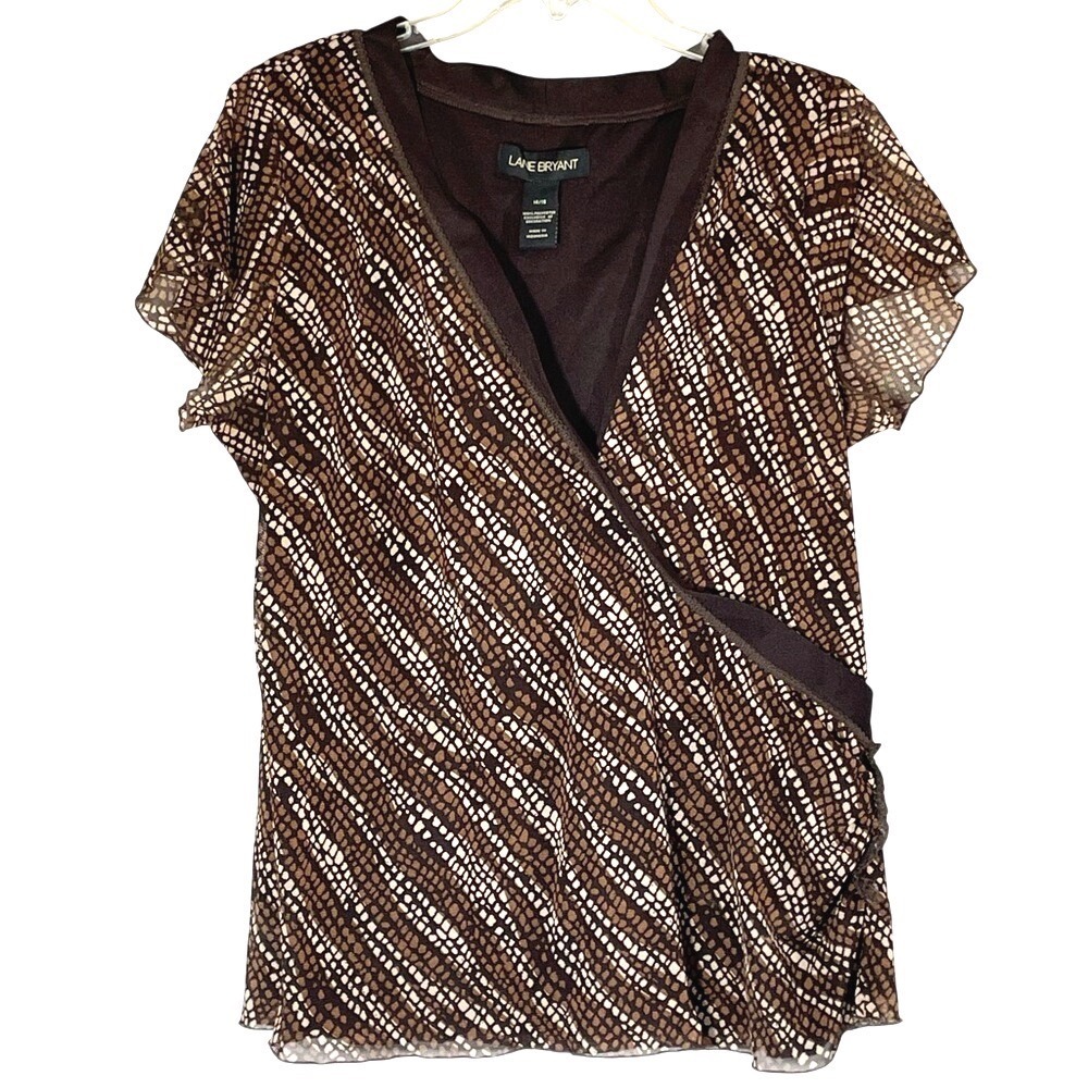 Lane Bryant Faux Wrap‎ Geometric Mesh Top 14/16 Brown